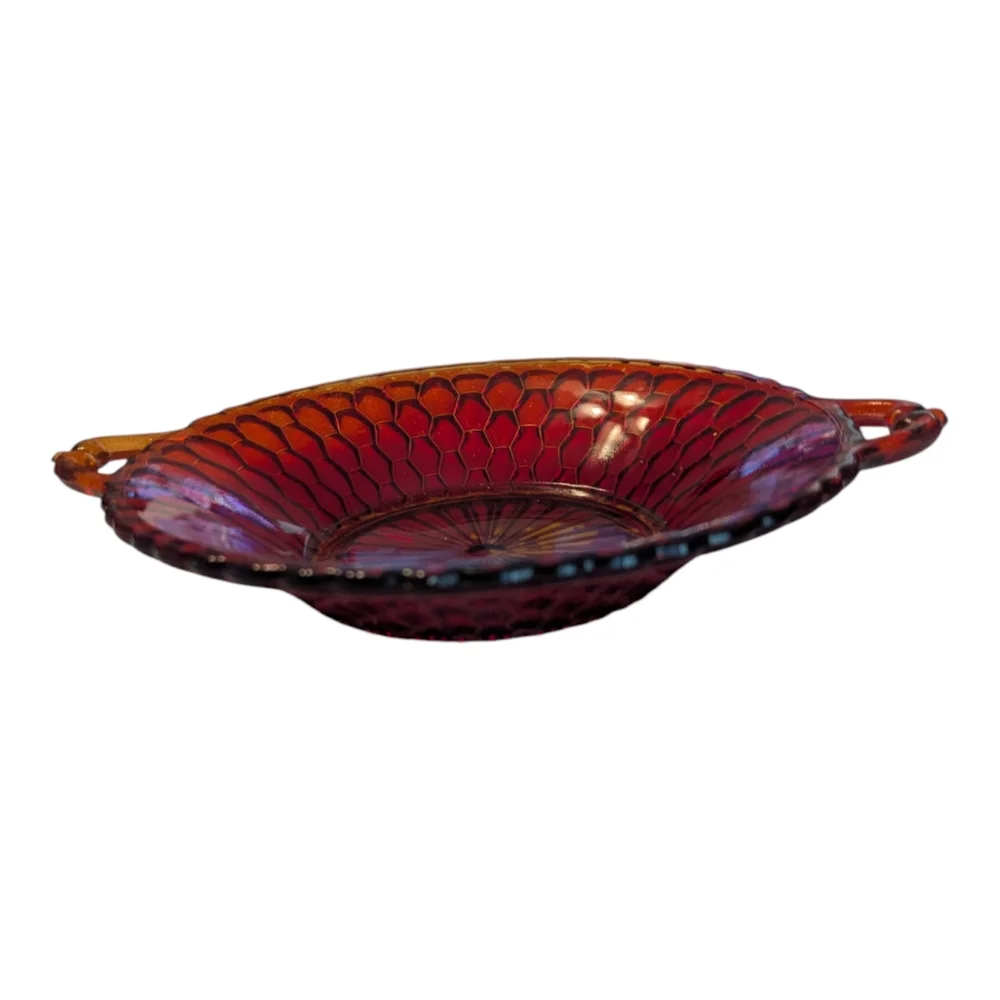 Vintage Indiana Glass Red Ruby Gold W Gold Handles Honeycomb Relish Dish Bowl